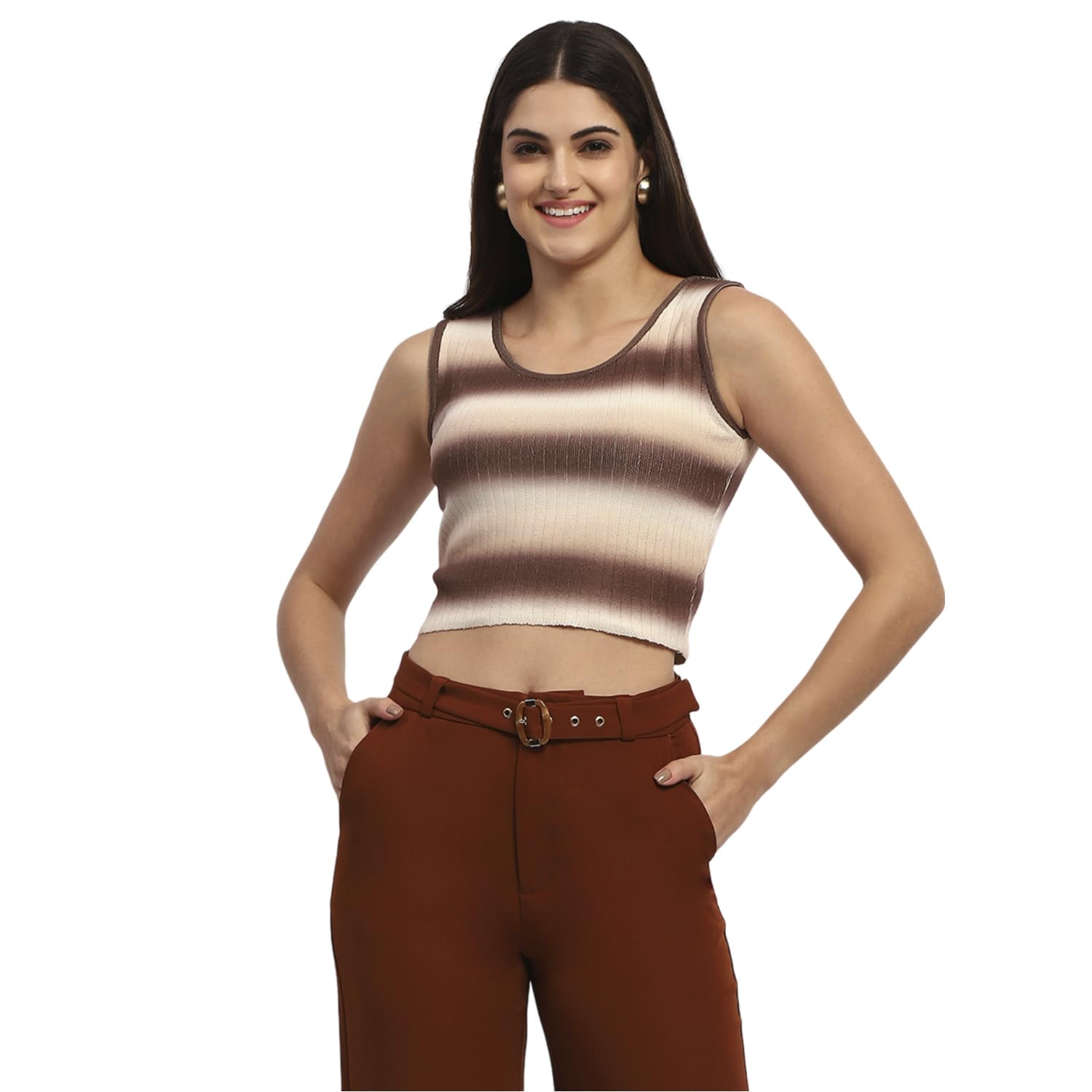 madame Striped Sleeveless Cotton Brown Crop Sweater-picture-13