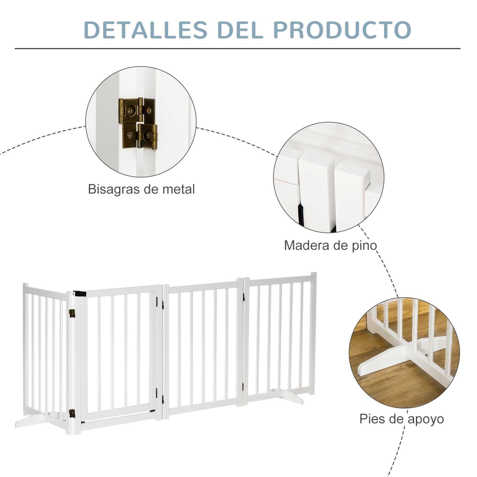 PawHut Barrera para Perros Plegable 4 Paneles Puerta 237,5x36x80 cm Blanco | Valla para Perros Pequeños y Medianos, Barrera de Seguridad de Madera, para Escaleras Pasillos