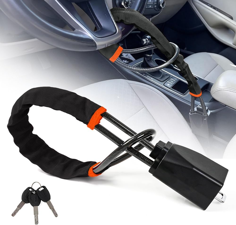 RASTP Car Steering Wheel Lock, Seat Belt Lock with 3 Keys, Max 17 Inch Length,Fits for Most Vehicles, SUVs, Golf Carts(Black)