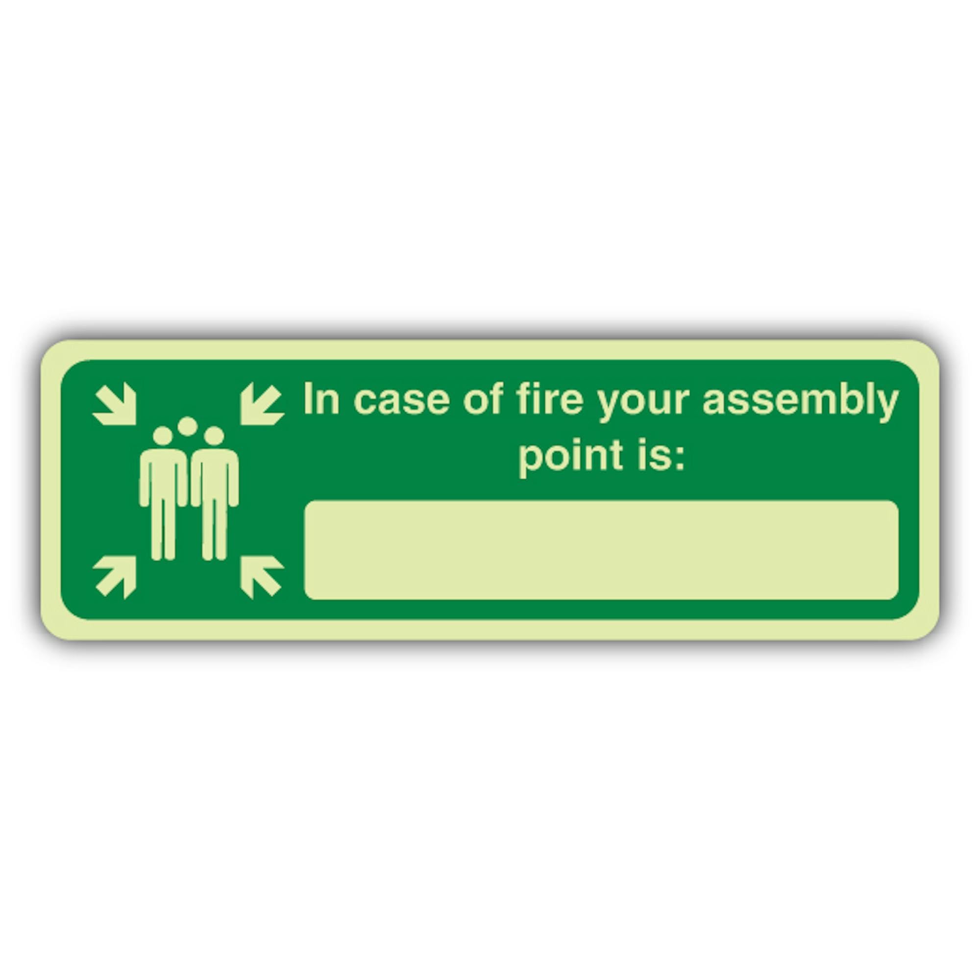 Cartello di sicurezza con scritta "V Safety Glow In The Dark In Case Of Fire Your Assembly Point Is – 600 x 200 mm – Realizzato in vinile autoadesivo a doppia luce – Segnaletica antincendio – Made in