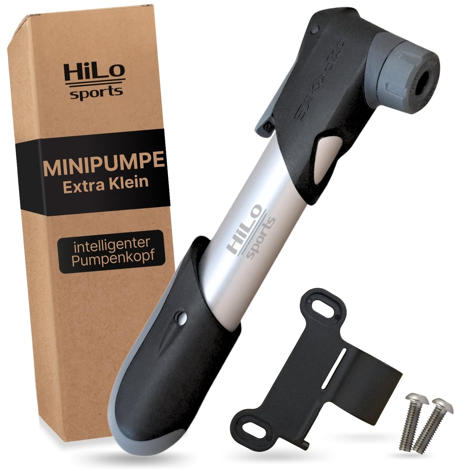 HiLo sports Mini Fahrradpumpe für alle Ventile- [Intelligenter Pumpenkopf] - Automatischer Ventil Wechsel - 6 Bar Mini Luftpumpe - Fahrradpumpe Klein mit Rahmenhalterung & Schrauben (Silber-Schwarz)