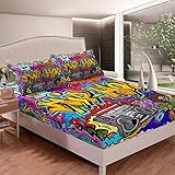 Feelyou Hippie Graffiti Sheets Hip Hop Radio Rock Bed Sheet Set Kids Boys Colorful Graffiti Pattern Bedding Set Watercolor Art Fitted Sheet Bedroom Collection 3Pcs Queen Size