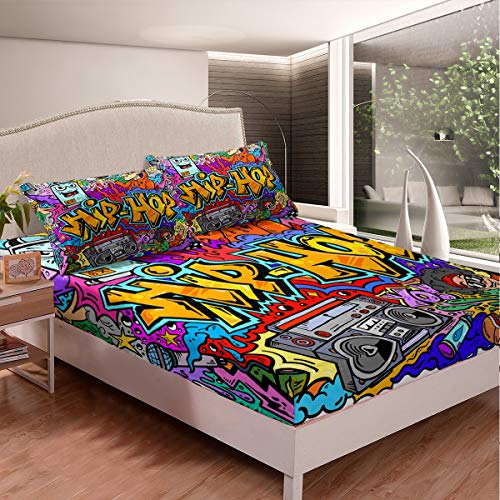 Feelyou Hippie Graffiti Sheets Hip Hop Radio Rock Bed Sheet Set Kids Boys Colorful Graffiti Pattern Bedding Set Watercolor Art Fitted Sheet Bedroom Collection 3Pcs Full Size #TOP15