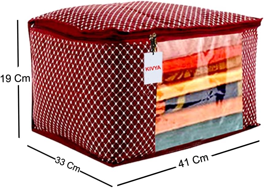 KIVYA 3 Layered Quilted Polka Dot Cotton Saree Covers Storage Bags For Wardrobe Organizers With Transparent Window, Maroon - Set of 5