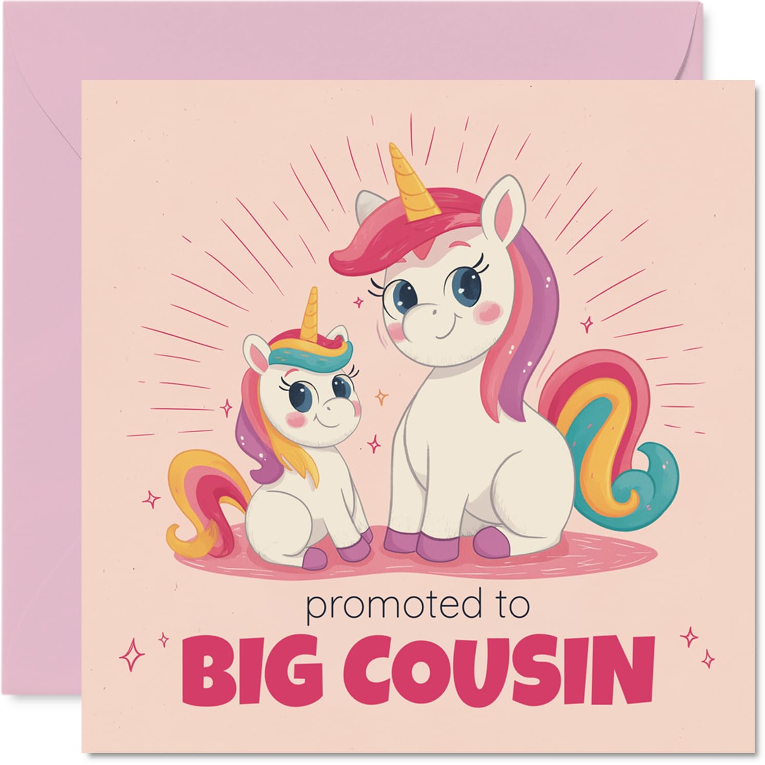 Playful New Baby Card for Cousin - Unicorn Upgrade for a Special Little Cousin - Pink and Rainbow Design with Cheerful Unicorn Duo - 145mm Square, Envelope Included