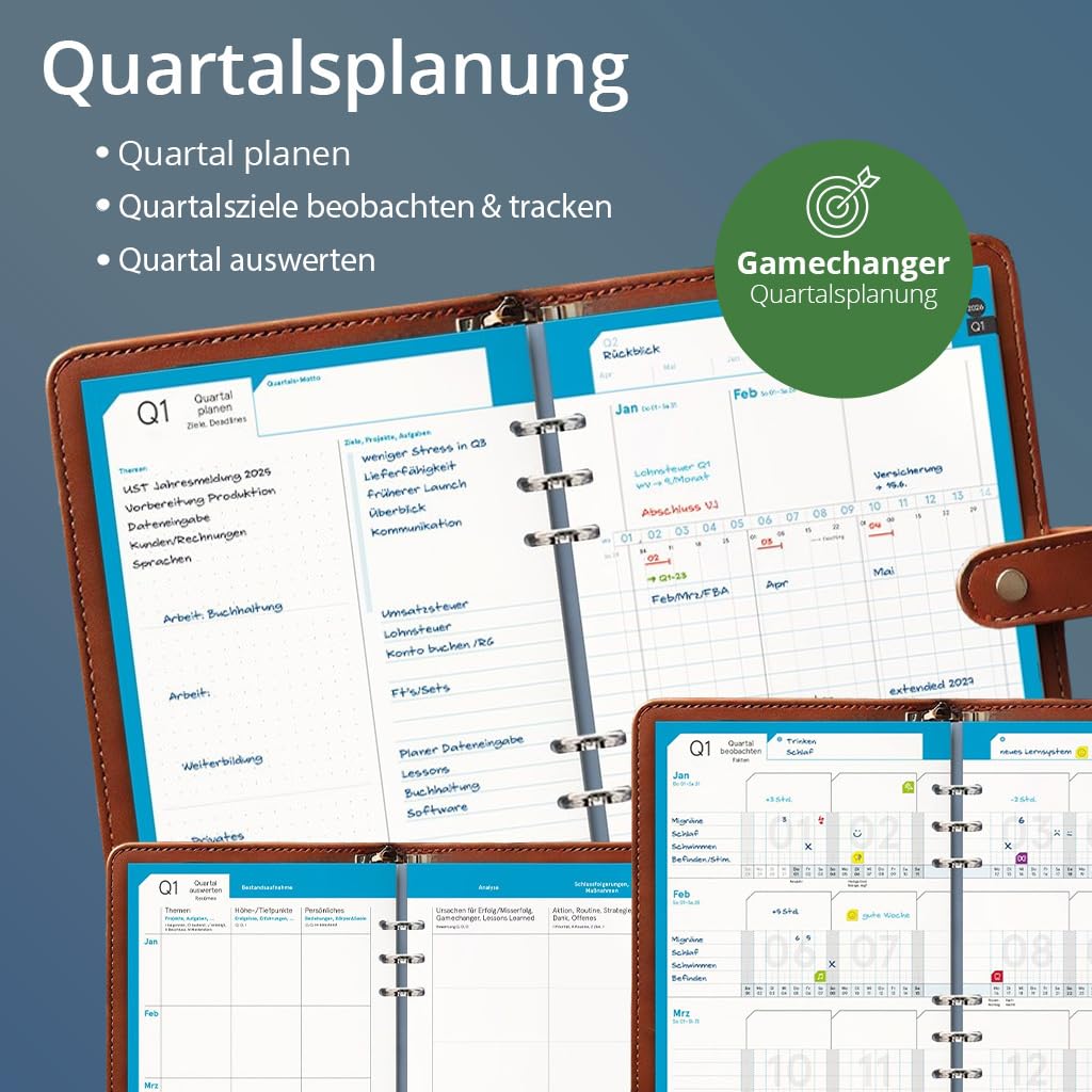 weekview Business Einlagen 2027, A5 – Wochenplaner, 1 Woche auf 2 Seiten, inkl. 64 Seiten Planungstools, Notizteil, Griffregister und Sticker – Filofax-A5-Lochung, 90g Papier, Made in Germany