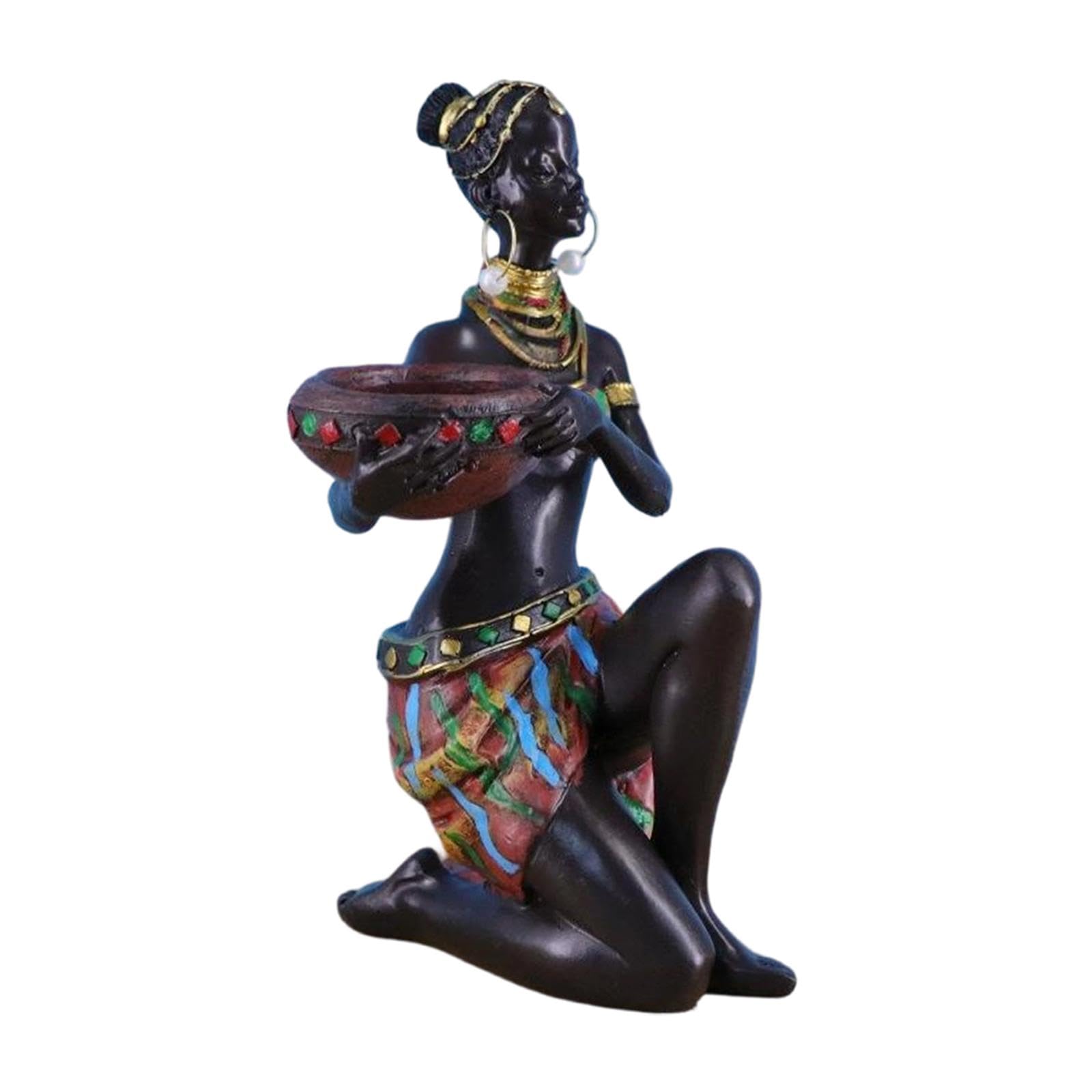 Figurina Mujer Africana Adorno Mesa Centro Figura Arte Tribal Soporte Vela Escultura de Resina Adecuada para Regalo Decoración Hogar Oficina Dormitori, Falda Marrón, Individual