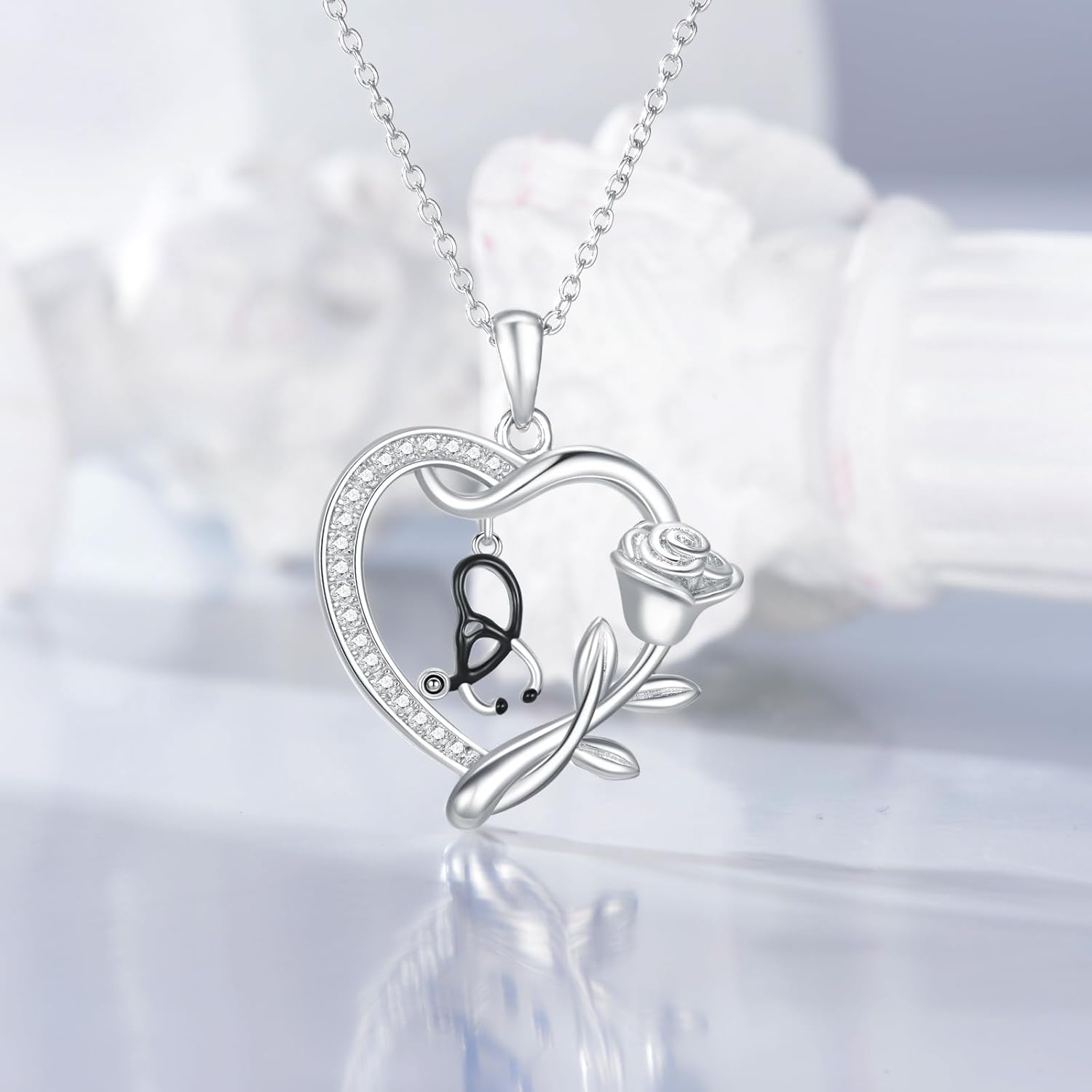 S925 Sterling Silver Nurse Necklace Rose Gold Infinity Heartbeat Pendant with Clear Austria Crystal Women Stethoscope Medical Hearts Necklace Jewelry Gifts for Medical Student Doctor - Image 4