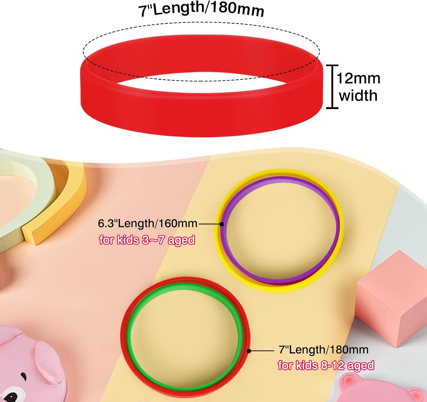 Silicone Wristbands for Kids 100 Pcs Silicone Wristbands 7 Inch Green Empty Silicone Wristbands for School Teacher Teams Party Kids (for 8-12 Years Old image 2