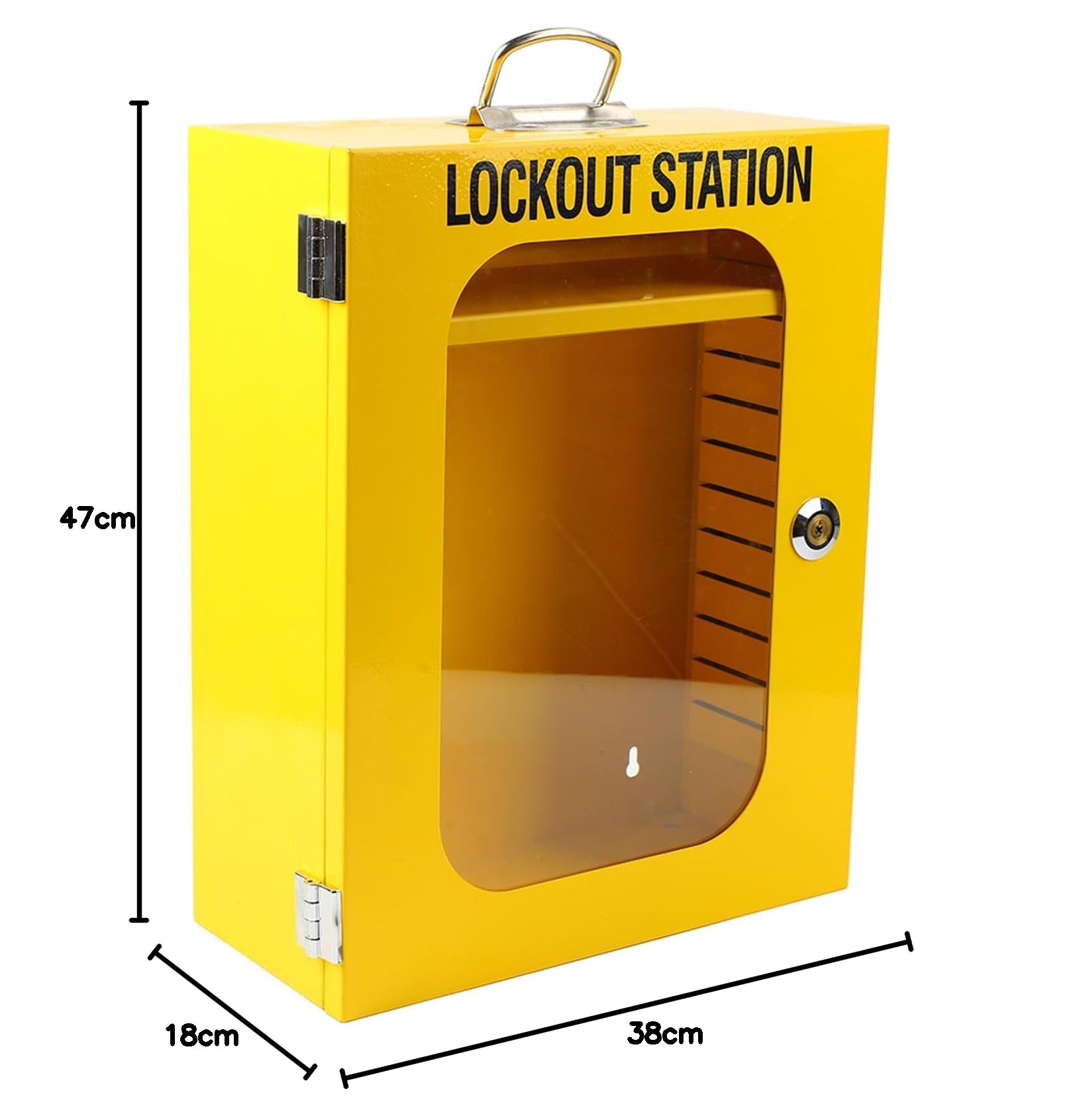 Estación de etiqueta de bloqueo para puertas de vidrio, gabinete caja loto de acero industrial resistente, diseño montado en la pared, ideal para seguridad y eficiencia en mantenimiento industrial