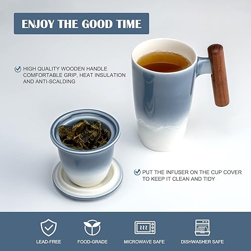 Miniatura 9 de suyika Taza de té de cerámica con infusor y tapa Tazas de té Mango de madera 13.5 fl oz13.5oz verde oscuro