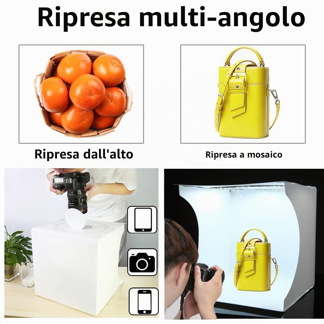 Studio Fotografico Portatile Tenda Fotografica Scatola Luminosa 30x30cm, Pieghevole Foto-Studio con luce LED 3200K/6500K Dimmerabile, Luminosità Regolabile, 6 Fotografico Sfondo
