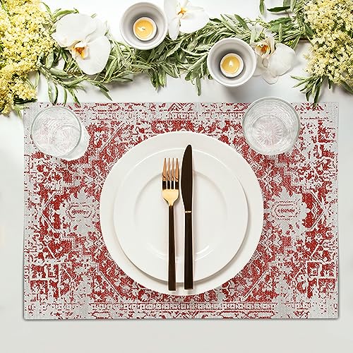 Image of Gray Red Boho Placemats Set of 4 Ethnic Bohemian Carpet Place Mats Washable Kitchen Dining Vintage Grey Geography Floral Linen Table Mats Stain Heat-Resistant Cloth Tabel for Home Party 12x18 in
