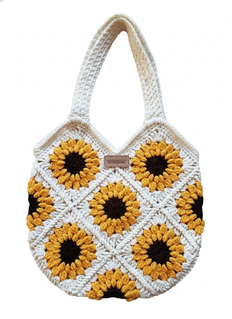 Handmade Crochet Sunflower Tote Bag, White and Yellow, Granny Square Design, Shoulder Bag-image-32