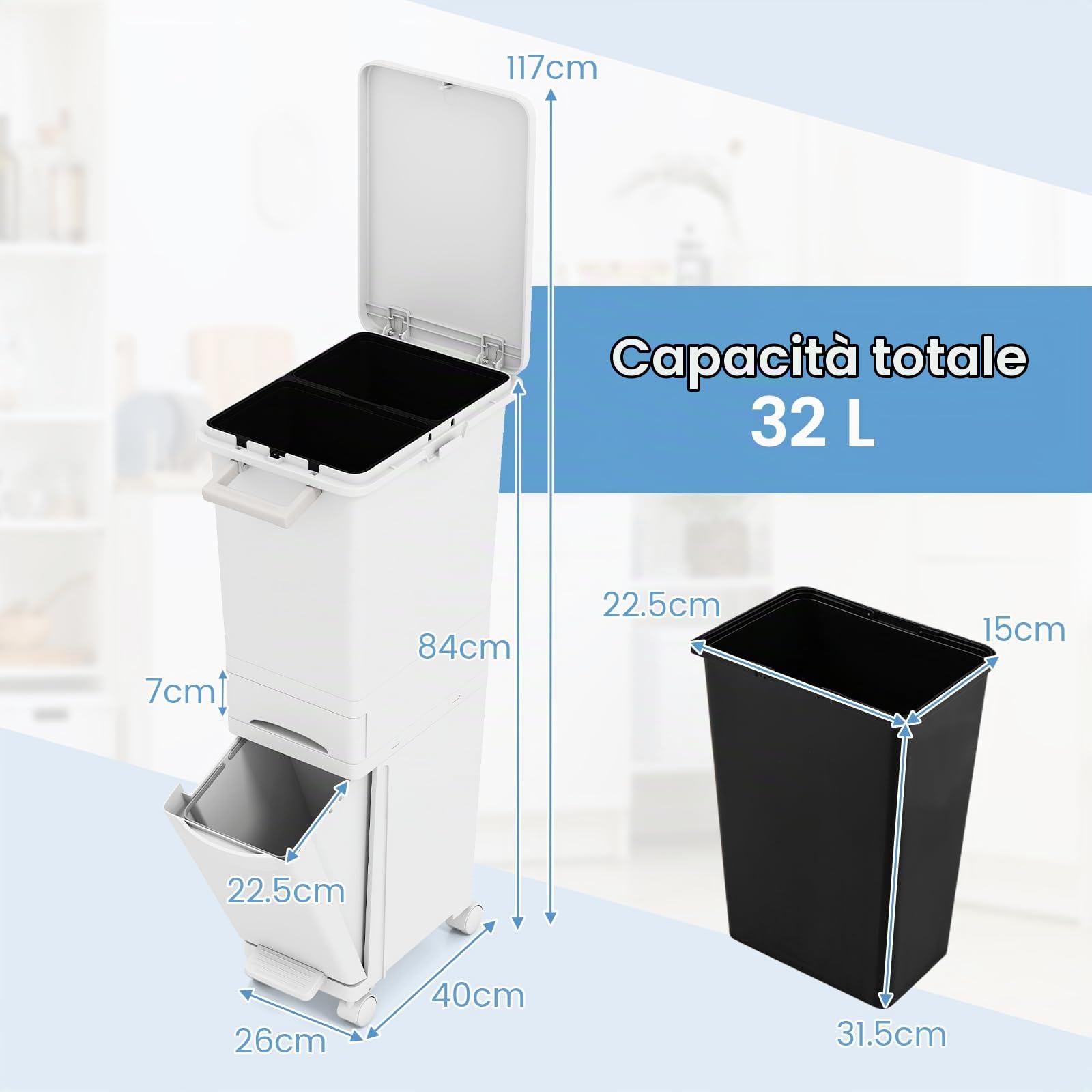 RELAX4LIFE Pattumiera con Raccolta Differenziata 32L, 3 Scomparti Interni, Cassetto e Apertura a Pedale, Maniglia, Gancio, Ideale per Uso Interno ed Esterno (BIANCO)