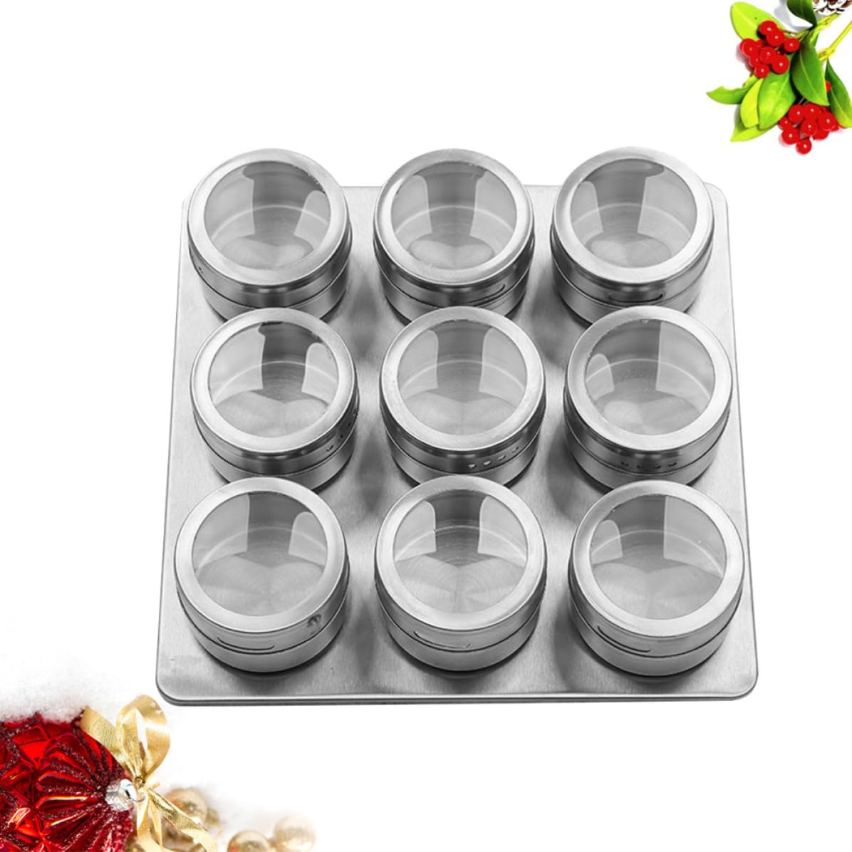 PRETYZOOM Tarros para Especias y Base Magnética para Almacenar Condimentos Set de 9 de Acero Inoxidable con Ventana Visible en Cocina o Barbacoa