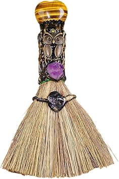 Witch Broom Halloween Crystal Witch Wiccan Altar Broom,Witchcraft Witches Pagan Altar Decor, Handmade Ritual Magic Ceremonial Tigers-Eye