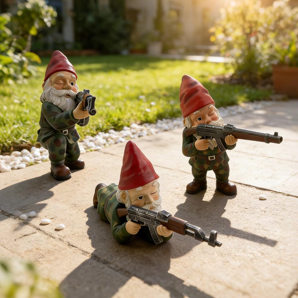 NAVESO Garden Gnomes Outdoor, 3Pcs Army Gnome Garden Decorations, 15 cm Funny Gardens Gnomes Ornaments, Military Gnome Statue for Indoor Outdoor Lawn Yard Decorations