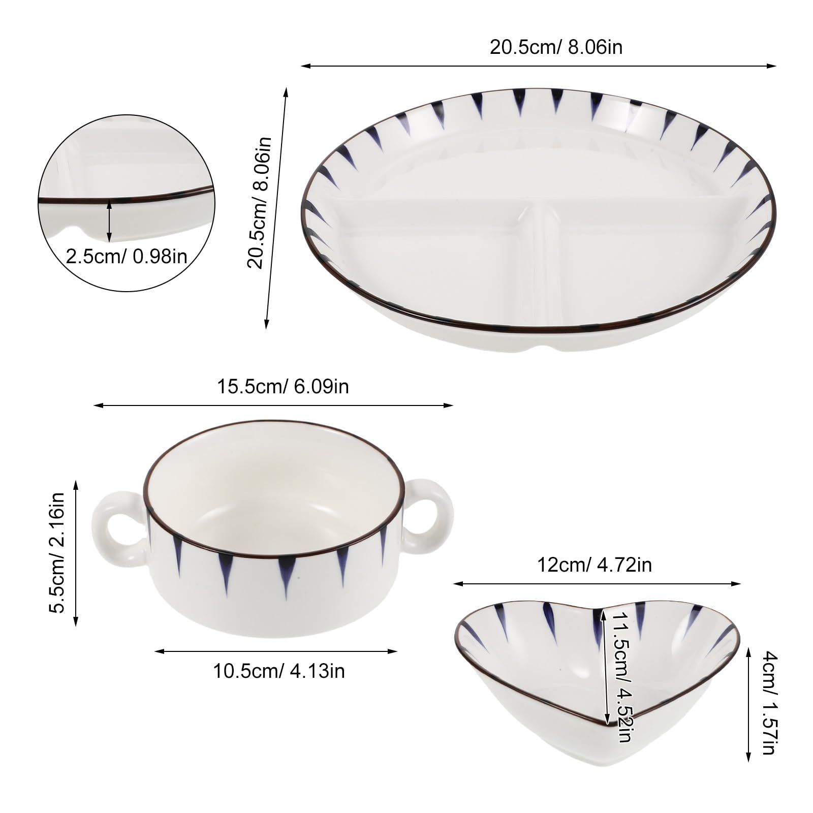 OUNONA 1 Ensemble de 3 Assiettes compartimentées de 20 cm (8 Pouces) en céramique pour Le contrôle des portions, Le Petit-déjeuner, Le déjeuner et Les salades. Compatible Micro-Ondes et