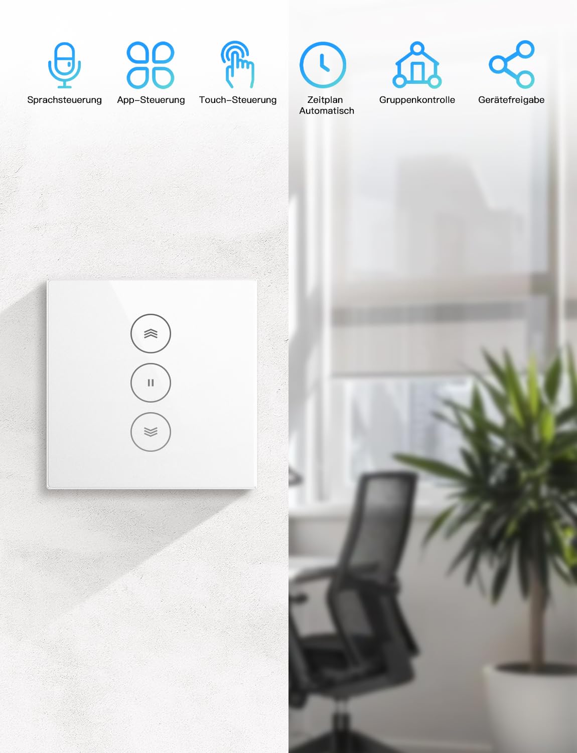 Smart WLAN Rollladenschalter Mit 0-100% Prozentkontrolle Glas-Touch | 2,4GHz, Alexa Google Kompatibel, Timer Für Sonnenauf- & Untergang, Kratzfestes Echtglas, Neutralleiter, 230V 10A Max. 2er
