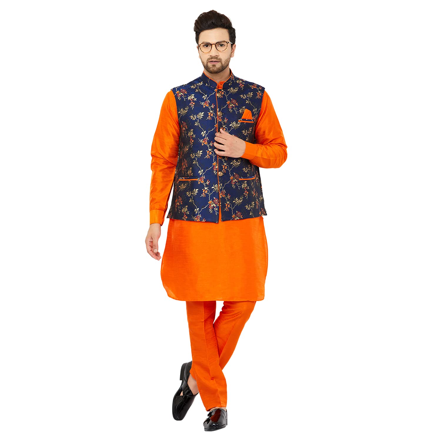 Traditional Raw Silk Jacket Kurta with Pant Set for Men-image-49