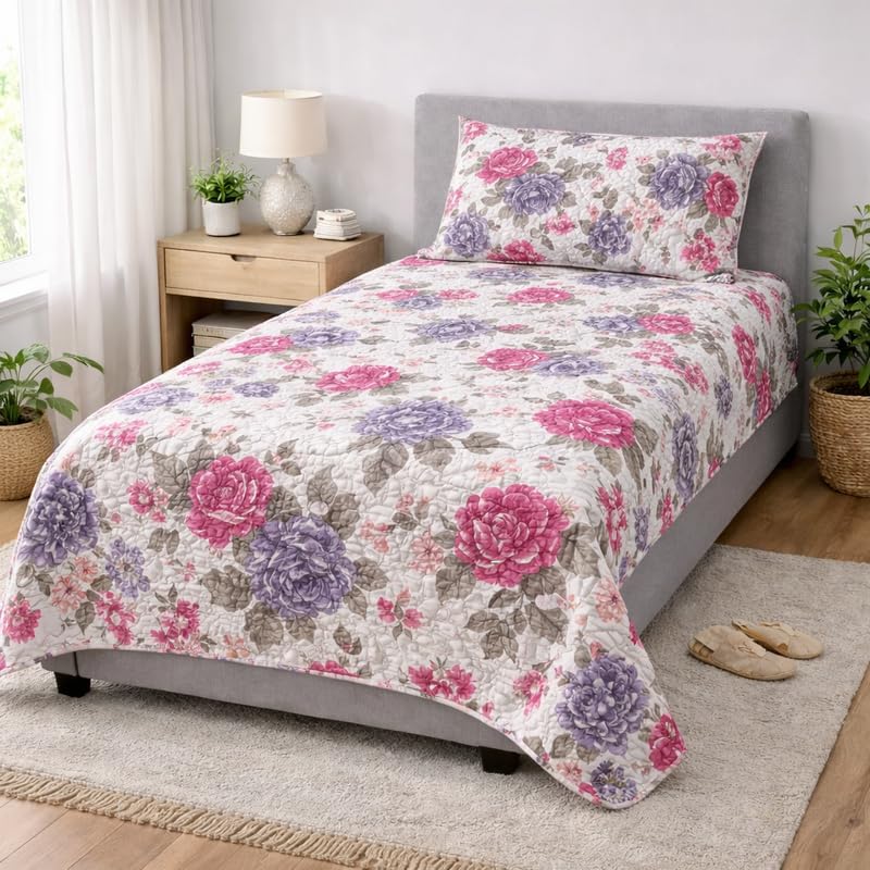 The one home Colcha Boutí Acolchada Reversible Cama 90 – Cubrecama Verano Ligero Transpirable, Colcha Primavera Entretiempo 100% Poliéster Extra Suave (Jardin Floral, Cama 105-200×270 cm +1 Funda)