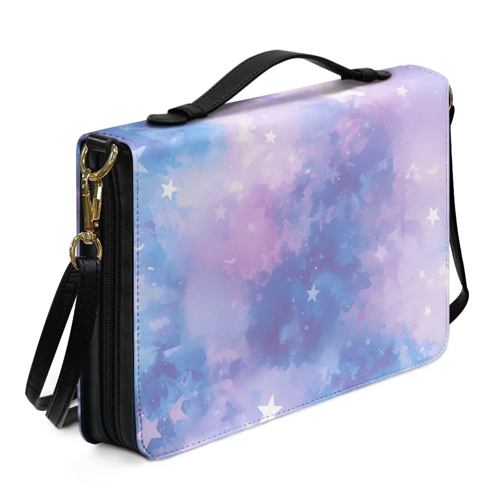 Kuiaobaty Galaxy Tie-Dye Print Bible Case Faux Leather Bible Carrying Holder, Starry Sky Universe Church Bag Bible Covers with Shoulder Strap