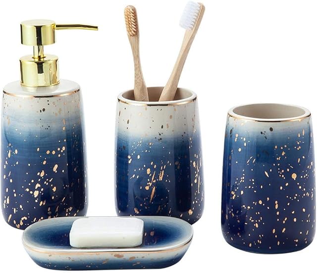 XUDREZ Ceramics Bathroom Accessories Set, 4 Piece Marble Bathroom Countertop Accessory Set, Includes Soap Dish, Soap Dispenser Pump, Toothbrush Tumbler, Toothbrush Holder