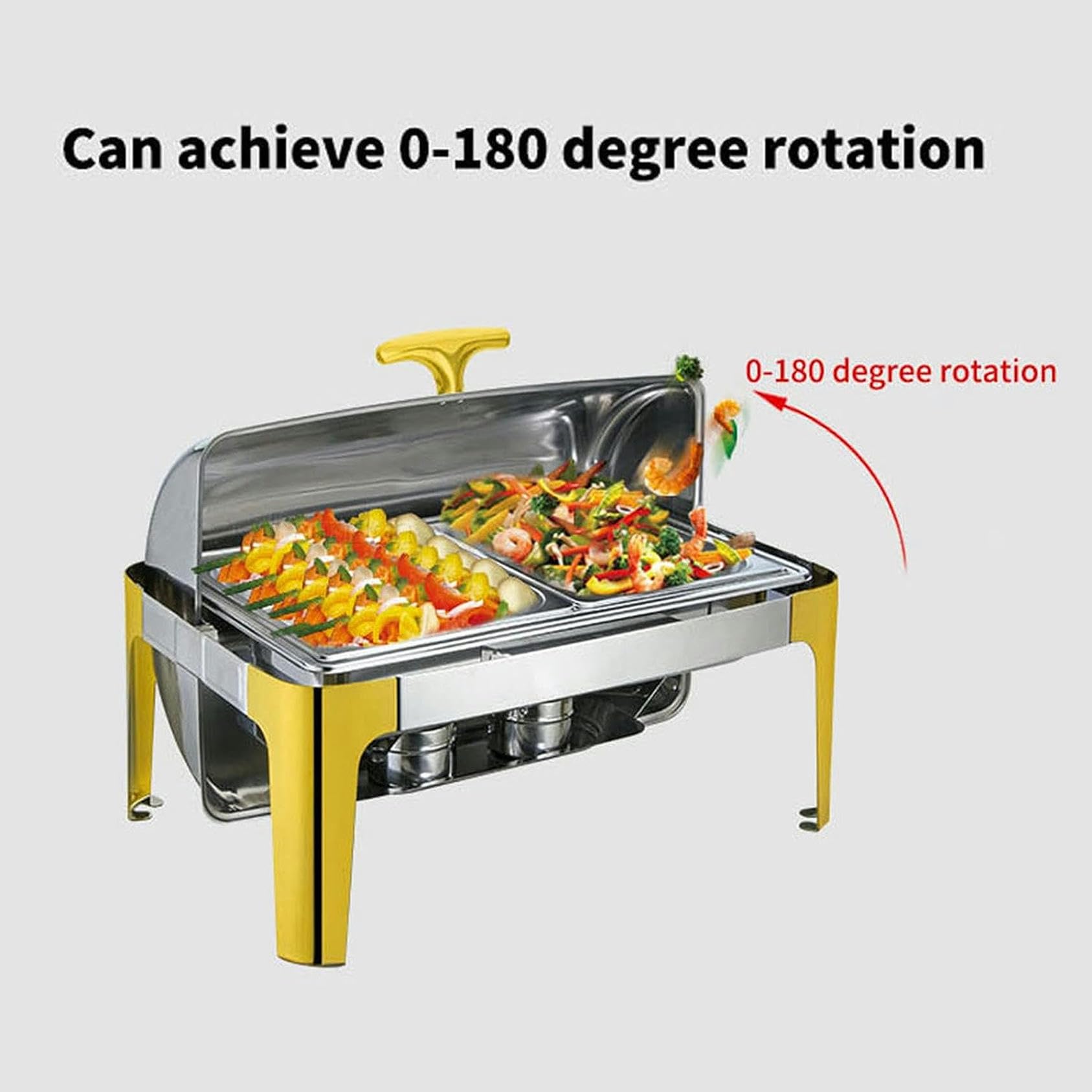 Chafing Dish in Acciaio Inossidabile, Vassoio riscaldante per Buffet Placcato Oro da 9 Litri con Coperchio Girevole a 180° e Porta-combustibile, per cene, Feste, Matrimoni, Eventi