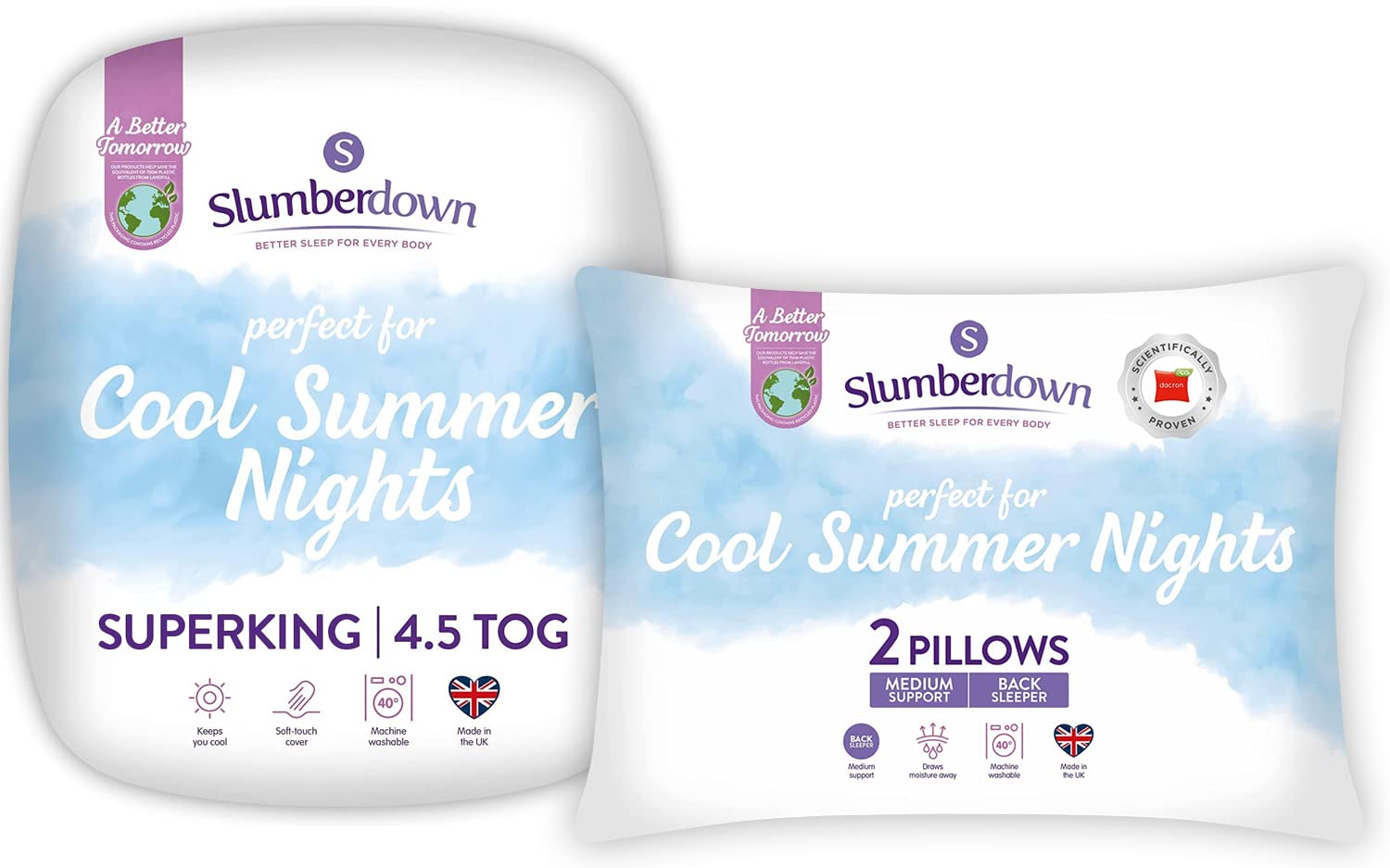 Slumberdown White Cool Summer Nights Tog Super King Duvet & 2 Pillows Set - Lightweight, Breathable & Uk Made Quilt, Non-Allergenic & Washable - Complete Summer Bedding For Hot Nights (260 X 220Cm) Size 4.5