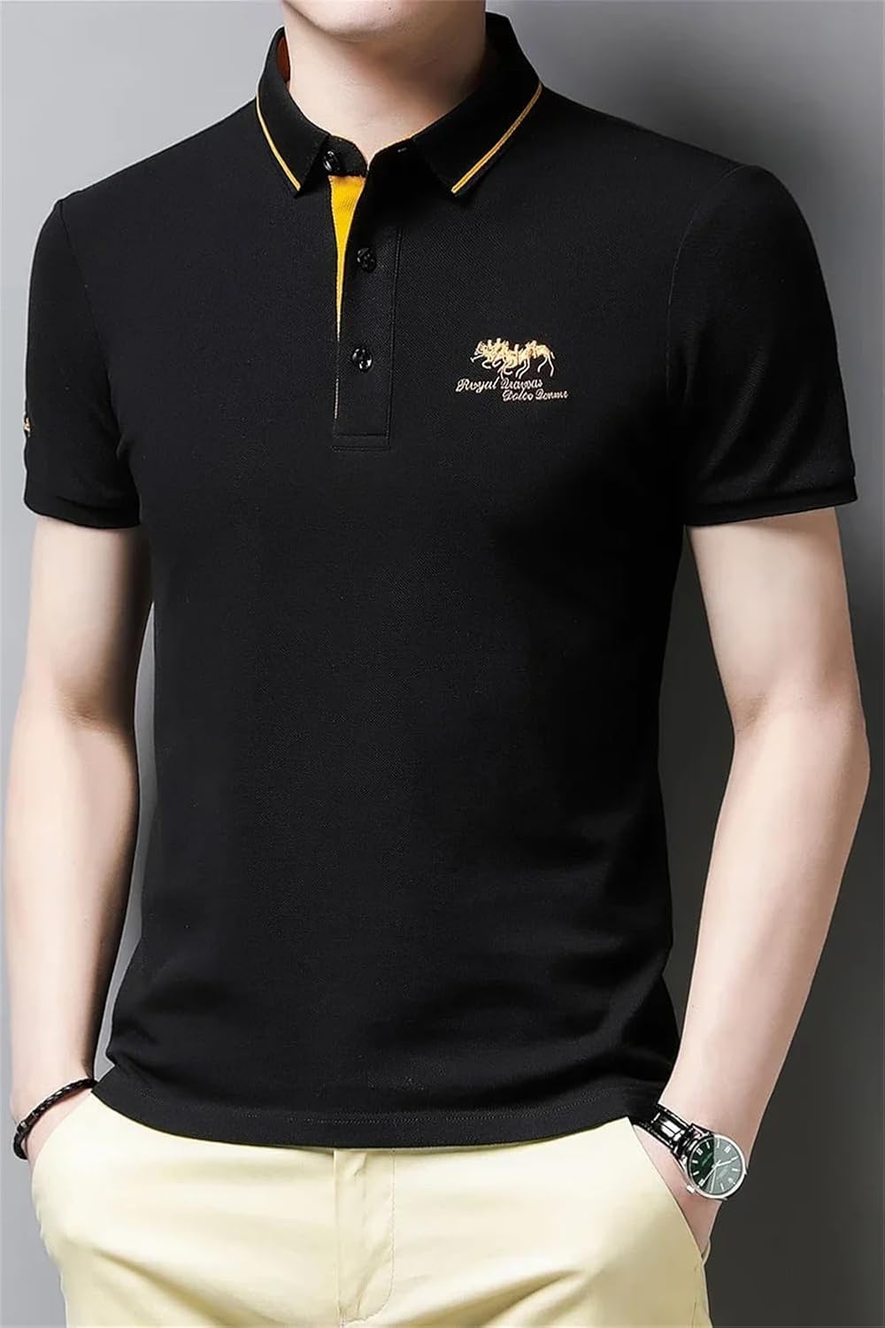 Mens Embroidery Polo Shirt Solid Color Short Sleeve T Shirt Slim Fit Business Casual Tee Tops