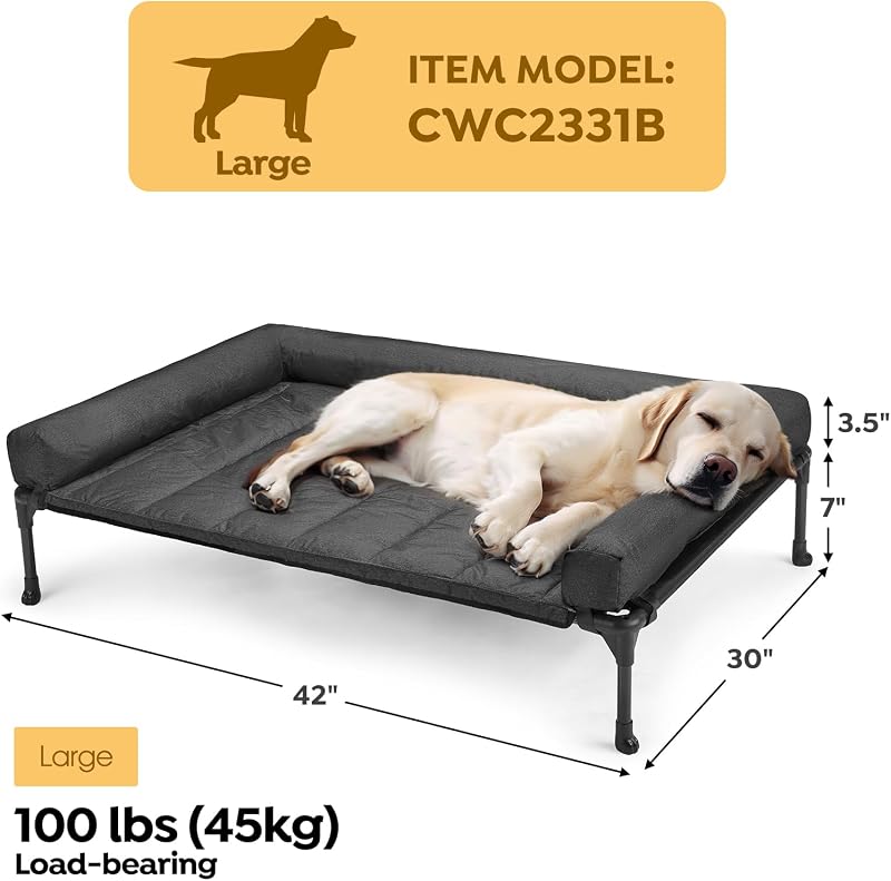 Veehoo Emelt Kutyaágy Vízálló Párnázott Matraccal, Nagy, Fekete - 107 x 76 x 18 cm (L x W x H), Black