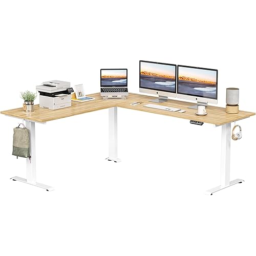 FEZIBO 75 Inches Triple Motor L Shaped Standing Desk Reversible, Electric Height Adjustable Corner Stand up Desk, Sit Stand Desk Computer Workstation, White Frame/Natural Top