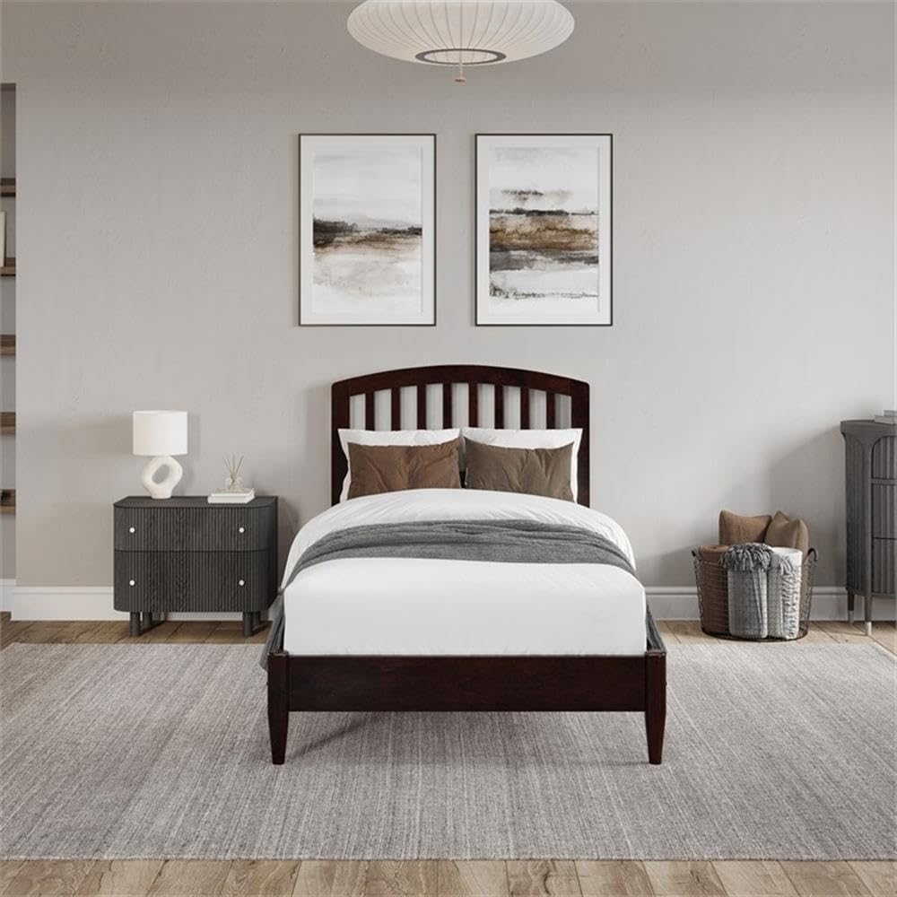 Pemberly Row Twin XL Solid Wood Low Profile Platform Bed, Espresso Finish, Mission-Style Slatted Headboard, Sturdy Wood Slats, 83.13 x 42.6 x 41.54 in, Bedroom Furniture