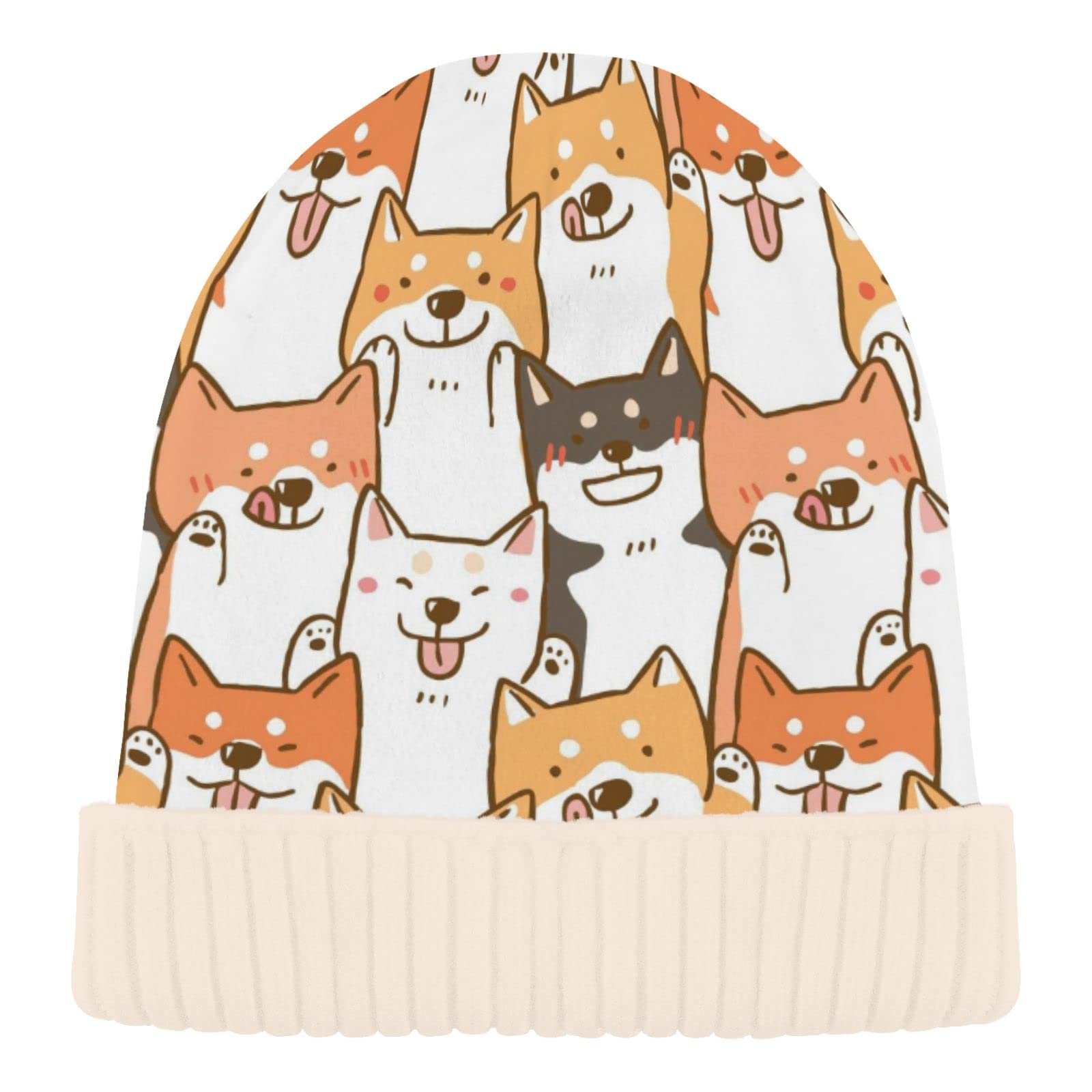 Naanle Beanie Hat Cartoon Shiba Inu Dog Womens Beanie Hat Stretch Slouchy Warm Knit Winter Hats Skully White Beanie Women Ski Beanies Cap