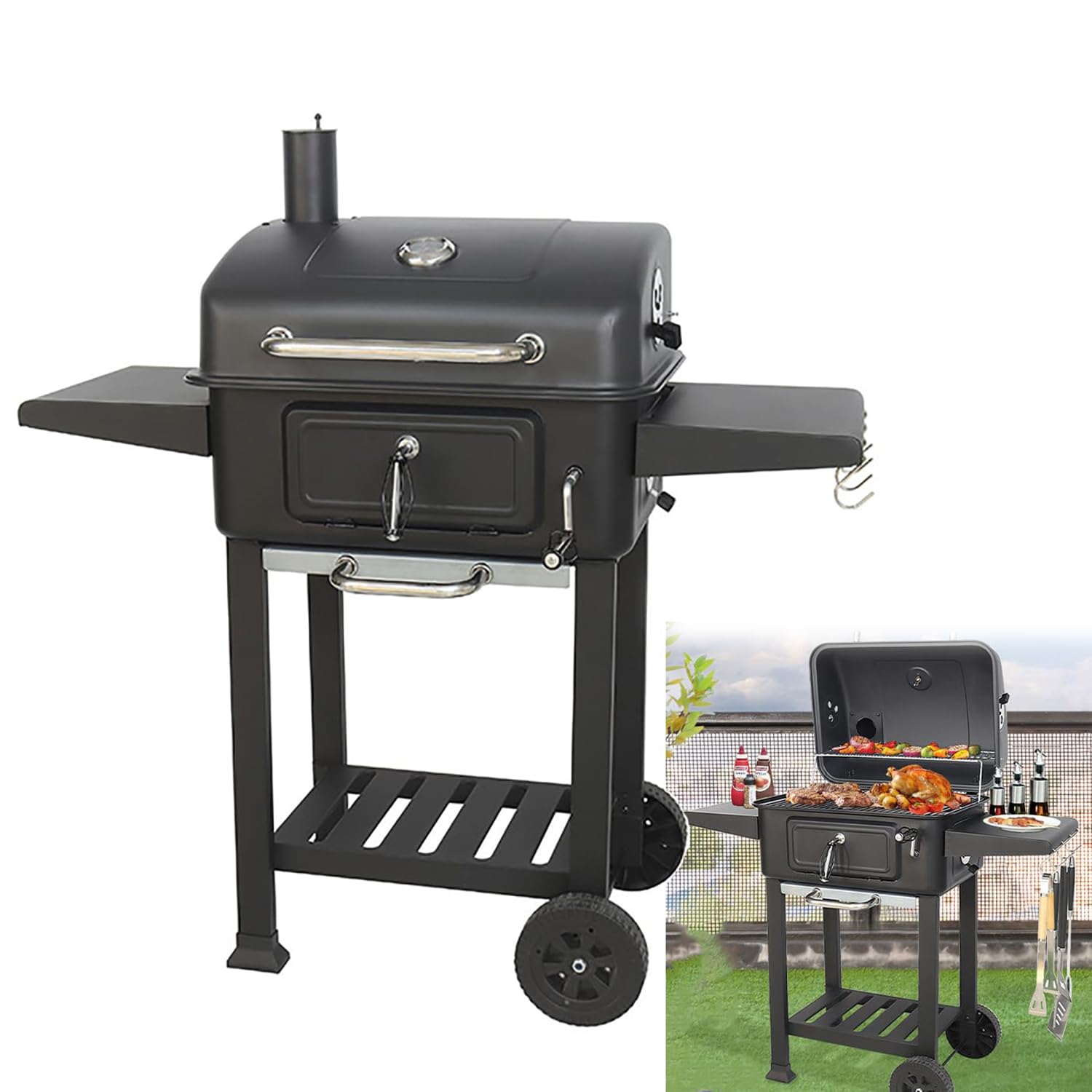 Przenośny grill na węgiel drzewny z kółkami, termometr wizualny, regulowane otwory wentylacyjne, basen węglowy, na zewnątrz, piknik, ogród, taras, kemping, podróż