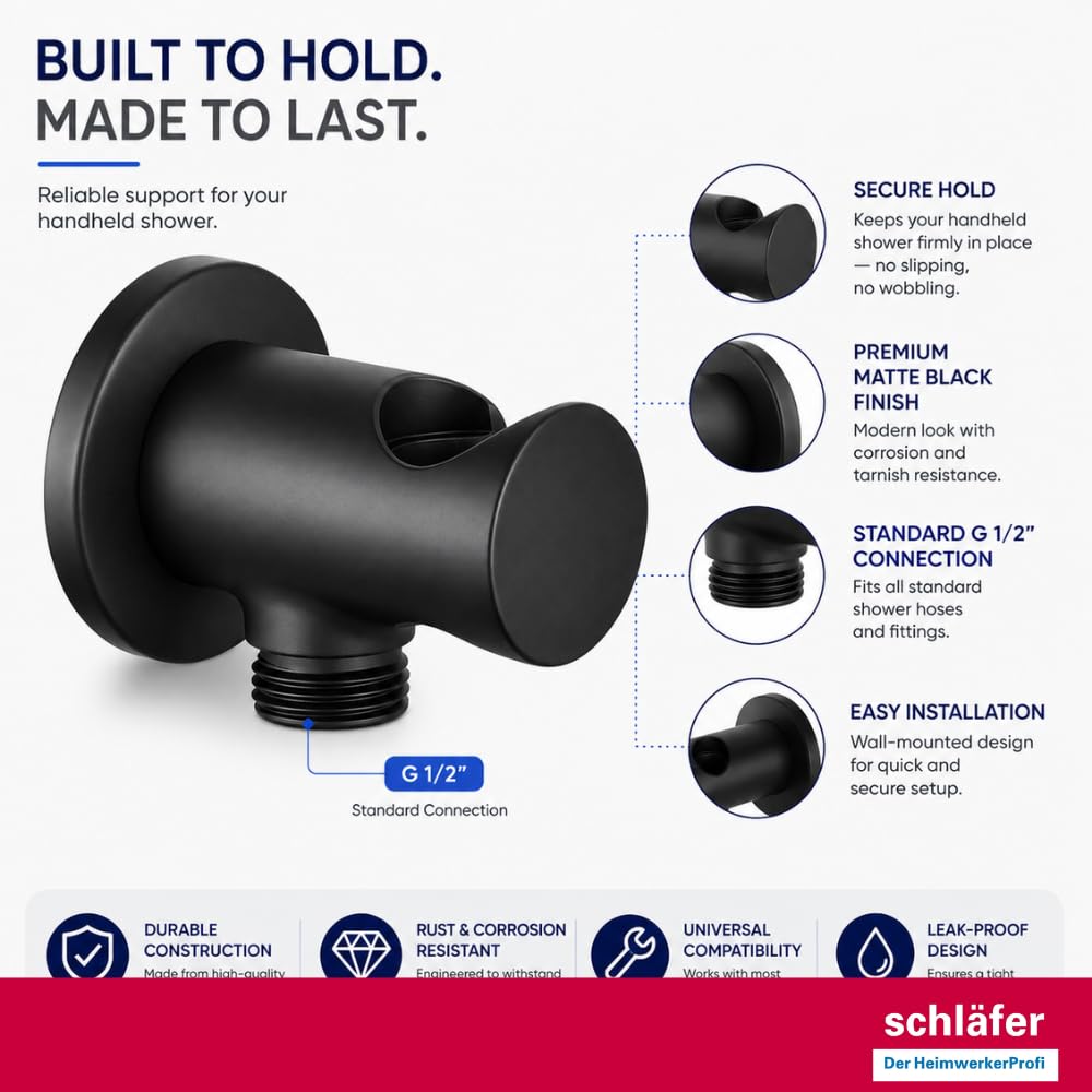 Schläfer 814321 | Presa Acqua Doccia Tonda con supporto per Doccetta Nero Opaco, Uscita Acqua Parete G 1/2" - Ø 20,86 mm, Raccordo Gomito per Flessibile Doccetta in Ottone Design Moderno