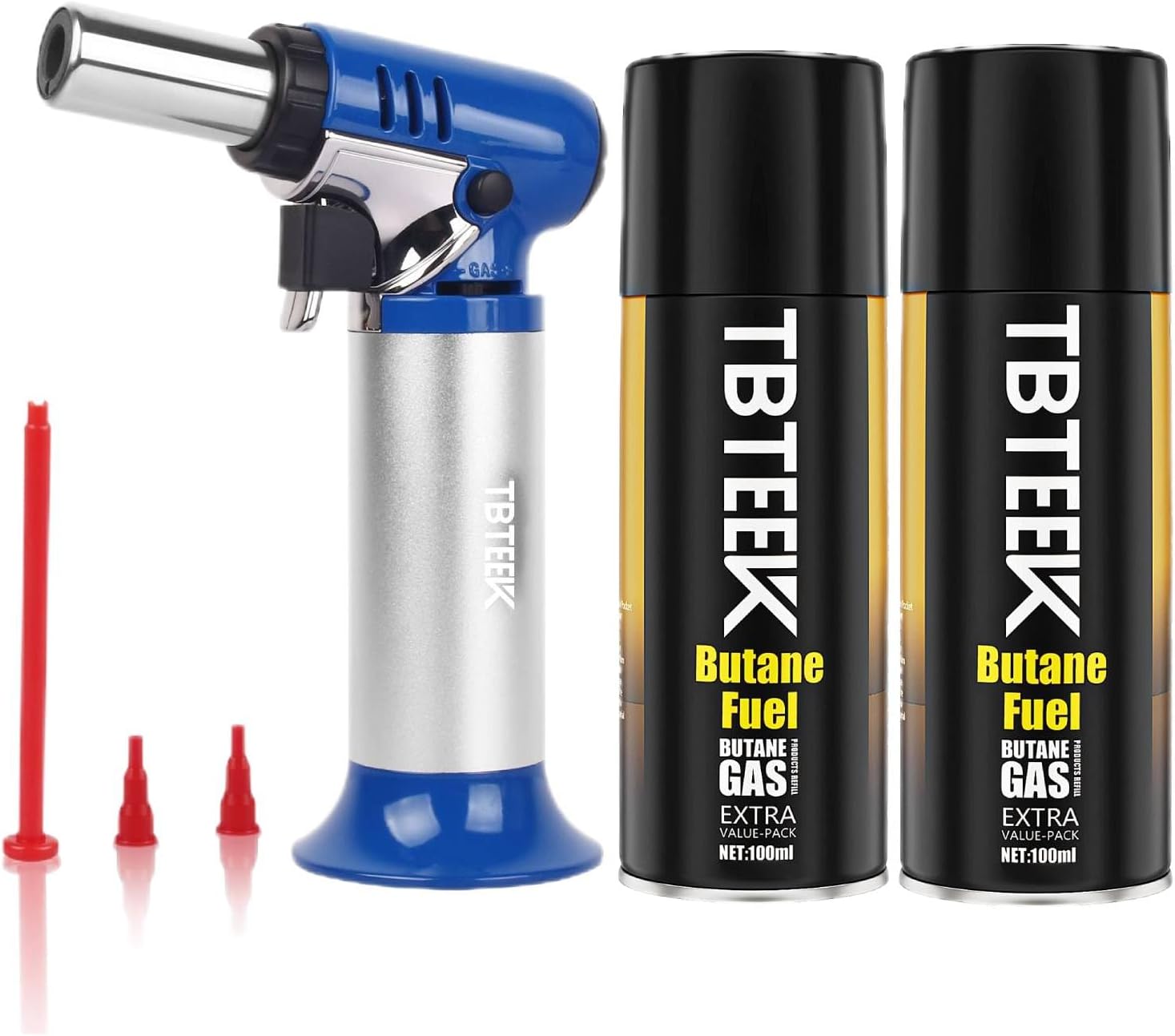 TBTeek Kitchen Torch with Butane Included, One-hand Operation Cooking Torch Lighter with Butane Refill for BBQ, Baking, Brulee Creme and Soldering, Blue(2 Can)