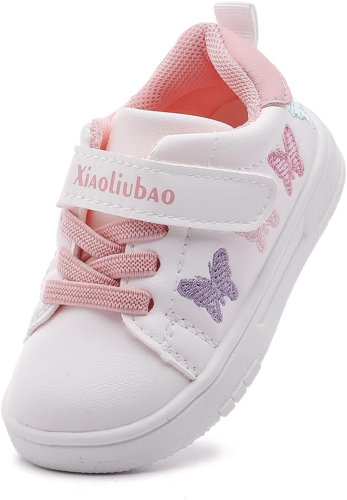 Toddler Girls Sneakers Lightweight Breathable Baby Walking Shoes with Adjustable Strap Non-Slip Soft Sole Kids First Walkers for Toddler/Little Kid Butterfly Embroidery