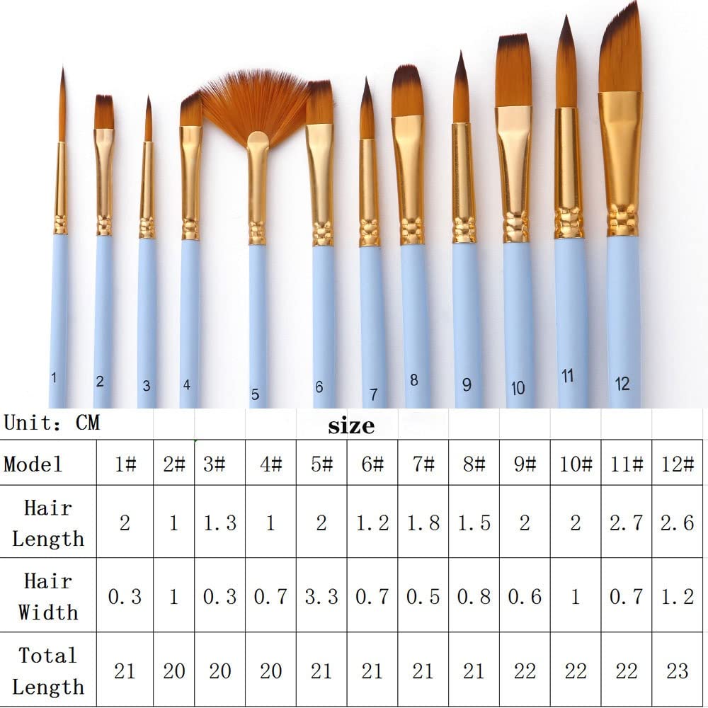 12 Pinsel-Set, Nylon-Haarstil, Verschiedene Größen für Acryl, Öl, Aquarell, Künstler, Zeichenstift