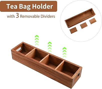 Acacia Wood Tea Bag Organizer with 4 Slots Tea Bag Holder and Tea Organizer, Sugar Packet Storage for Countertops