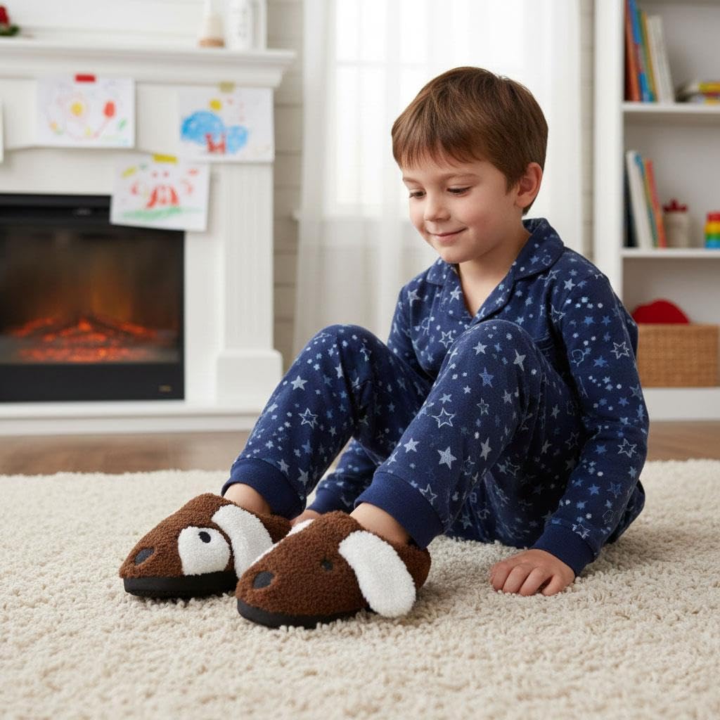 A2Z 4 Kids Lindas pantuflas 3D de animales de felpa suave y cálidas, calzado de interior con suela antideslizante, zapatos de invierno acogedores para niños y niñas, diseño de cachorro marrón, tallas
