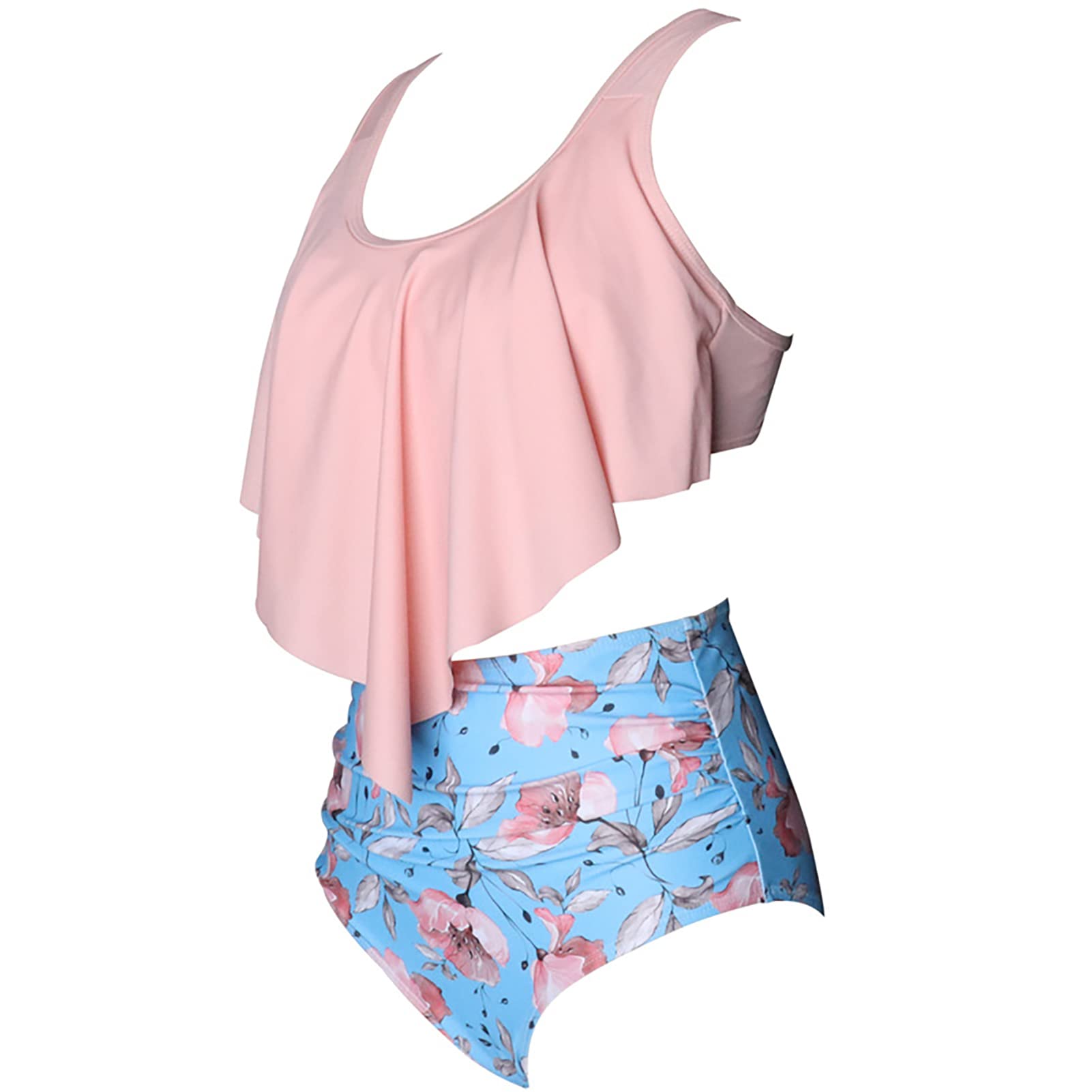 Printed Swimsuit, High Waisted Tankini Back Tie Bikini Bottoms for Pool (XL) Pink-image-6