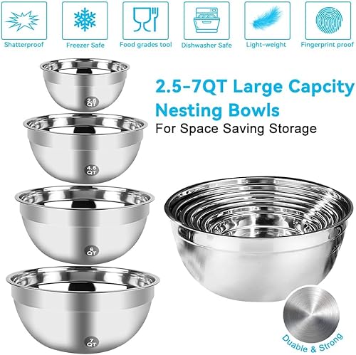 Miniatura 6 de Batidora de Mano Eléctrica Juego de Tazones de Mezcla, Batidora Manual de 5 Velocidades con 4 Tazones de Mezcla de Acero Inoxidable Anidables, Tazas