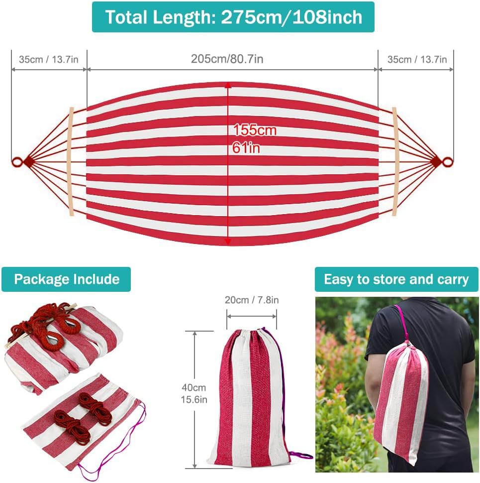 Image of MOSFiATA Hammocks Portable Camping Hammock Upgraded 550lb Thickened Fabric Single Hammocks with Two Anti Roll Balance Beam and Tree Straps for Camping, Patio, Backyard, Outdoor(Red White)