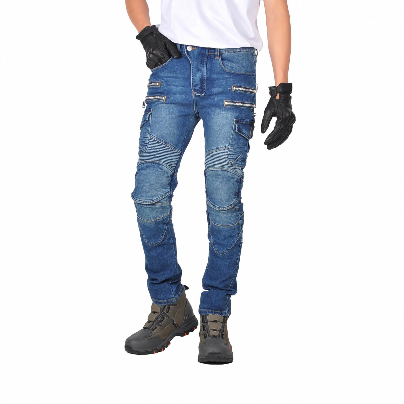 Jean Moto Homme, Pantalon Moto Homme Denim Stretch, Pantalon Cargo Biker Homme, Coupe Préformée, Multi-Poches, Vêtement Urbain 4 Saison