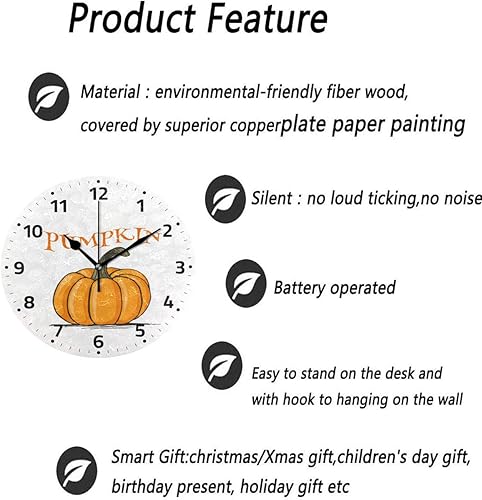 Miniatura 3 de Vdsrup Reloj de pared de calabaza de cosecha de otoño, reloj redondo de Acción de Gracias, silencioso, sin tictac, decorativo, de 9.5 pulgadas,
