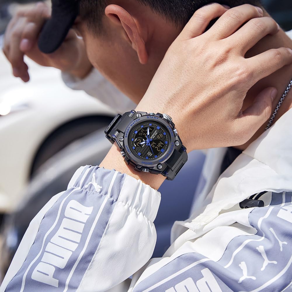 Gosasa Orologio sportivo digitale da uomo, display LED, antiurto, militare, doppio fuso orario, orologio da polso per esterni, impermeabile, sveglia