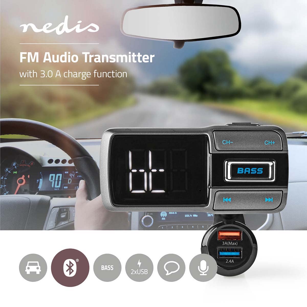 Transmetteur FM Audio pour Voiture - Appels Mains Libres - Appels Mains Libres - 2.0" - Ecran LED - Bluetooth - QC 3.0/5.0 V DC / 2.4 A - Charge Rapide - Amplification des Basses