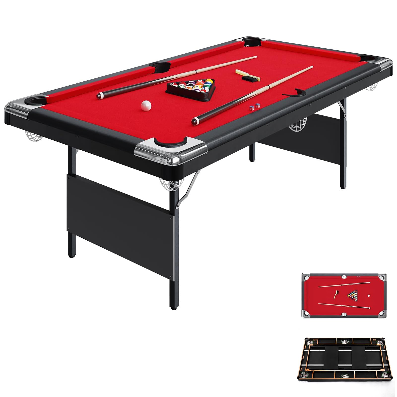 Garvee 6 Foot Pool Table, Folding Pool Table Includes Full Set of Billiard Balls, Portable Billiards Tables with 2 Cue Sticks, Chalk & Felt Brush for Family Game Room